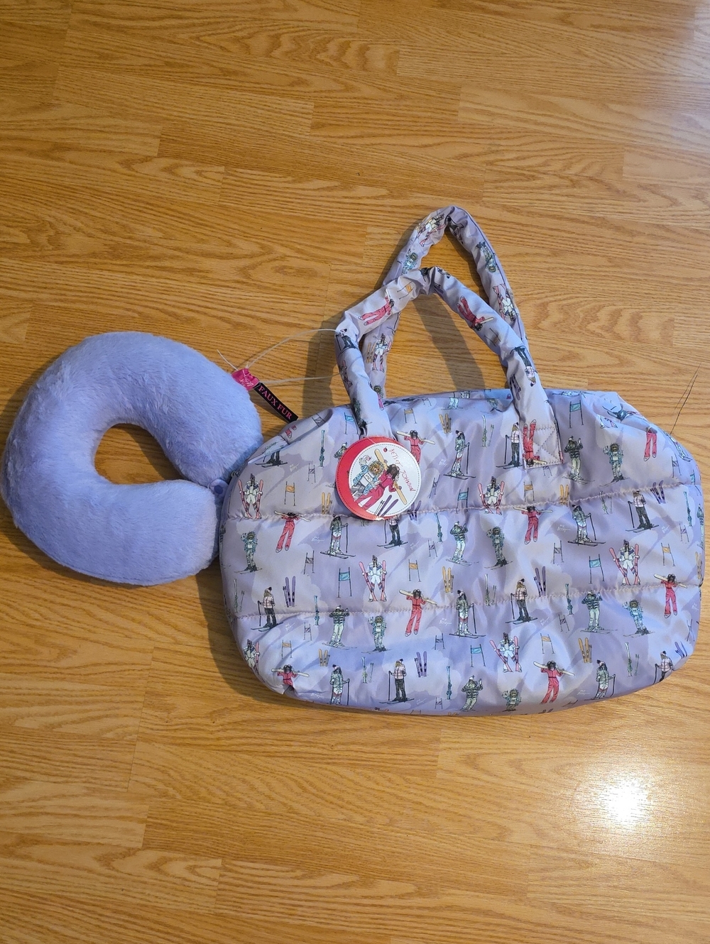 Betsey Johnson Lavender Ski Print Travel Duffel with Matching Neck Pillow